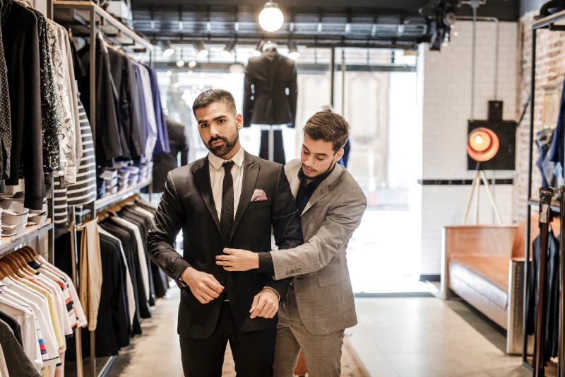 A man trying a suit in a store